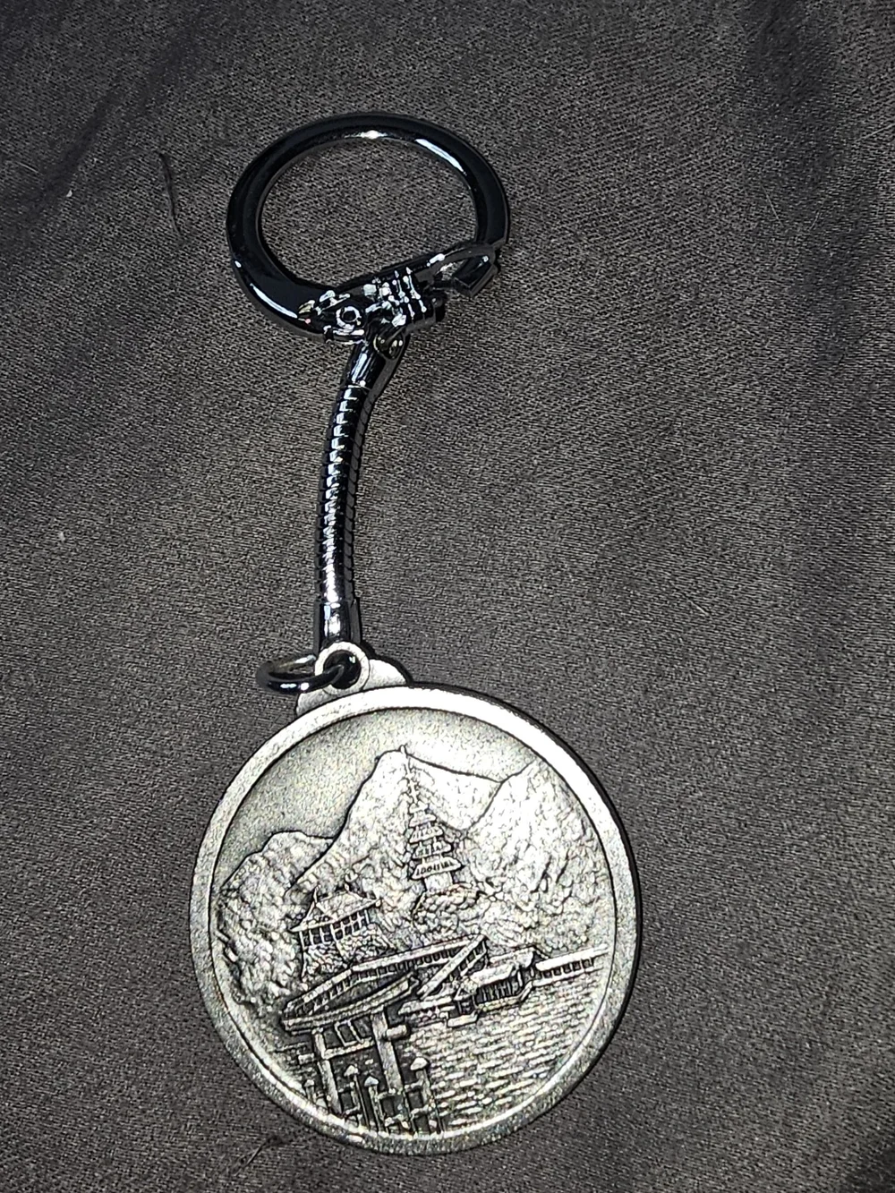 Vintage Japanese Silver-tone Mountain Scene Keychain